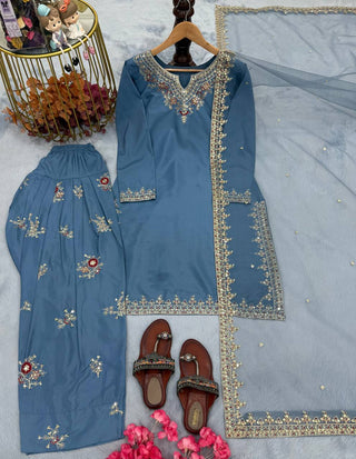 Dusty Blue Pure Natural Crepe Embroidered Farshi Plazzo Set with Organza Silk Dupatta – Full Stitched ClothsVilla