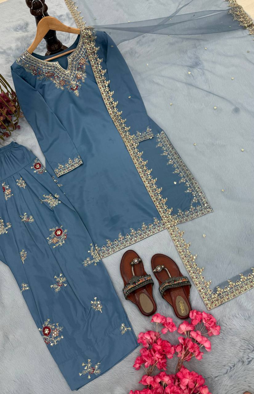 Dusty Blue Pure Natural Crepe Embroidered Farshi Plazzo Set with Organza Silk Dupatta – Full Stitched ClothsVilla
