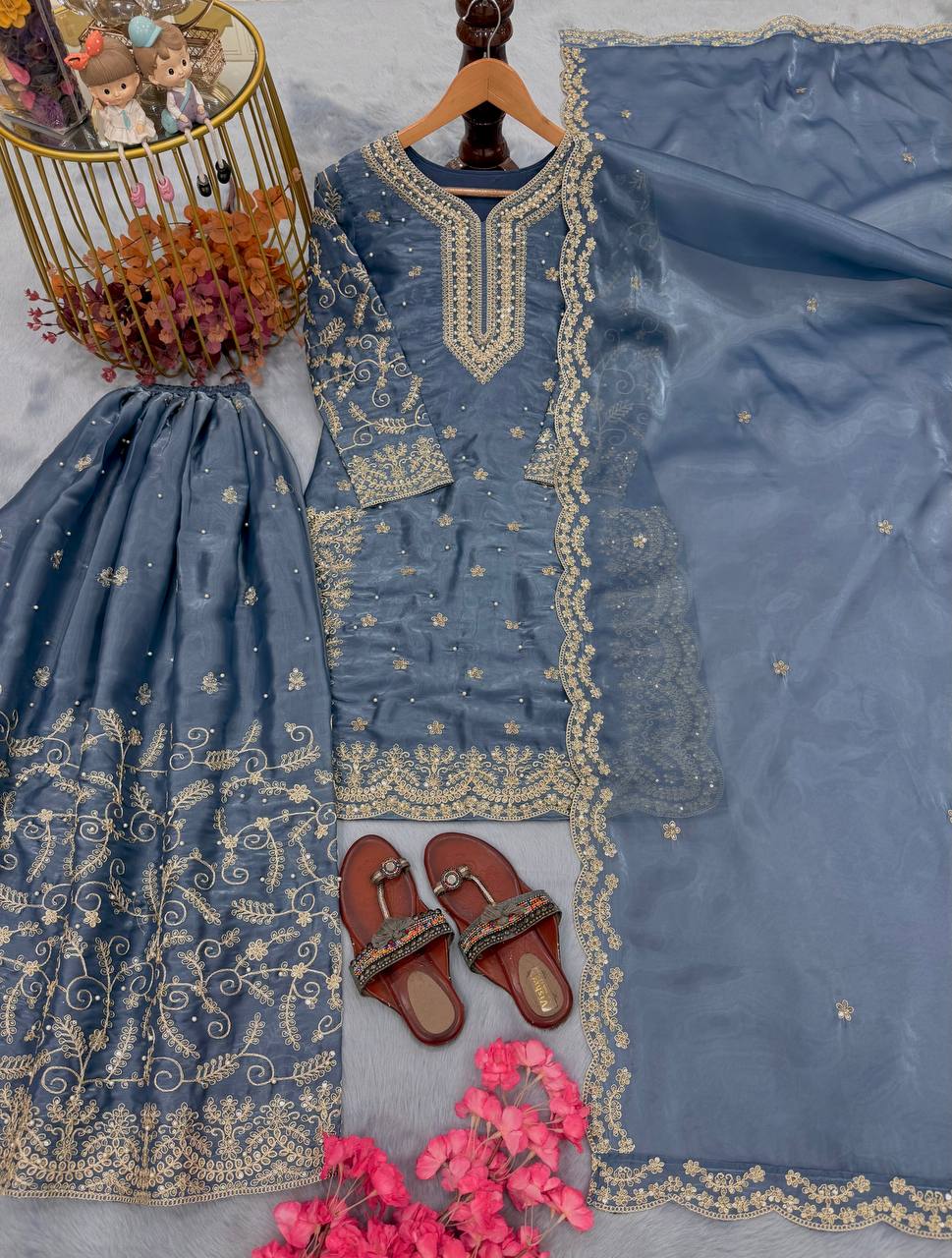Dusty Blue Pure Organza Heavy Embroidered Kurta Palazzo Set with Sequins, Coding Dori & Moti Handwork Dupatta ClothsVilla