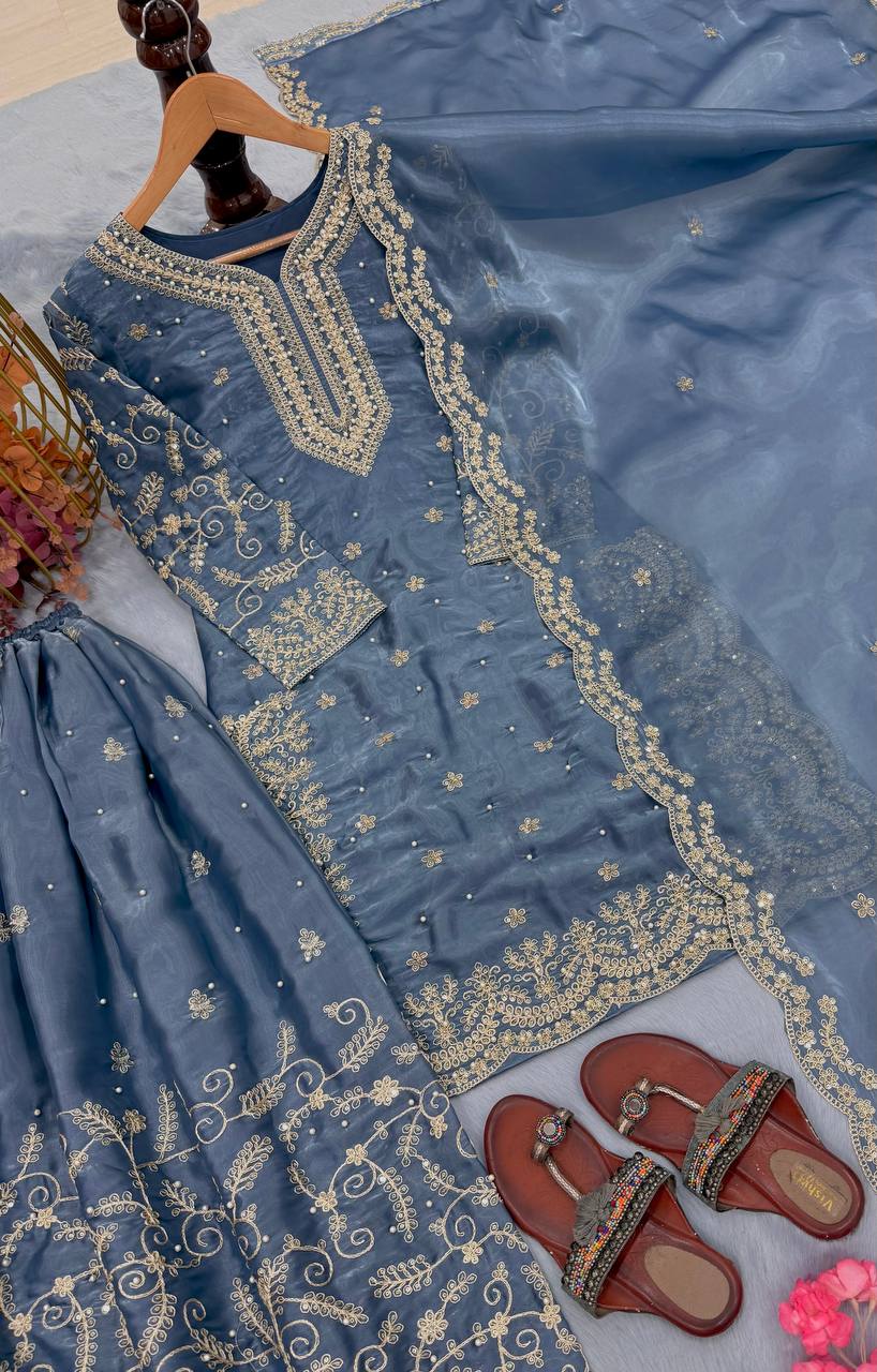 Dusty Blue Pure Organza Heavy Embroidered Kurta Palazzo Set with Sequins, Coding Dori & Moti Handwork Dupatta ClothsVilla