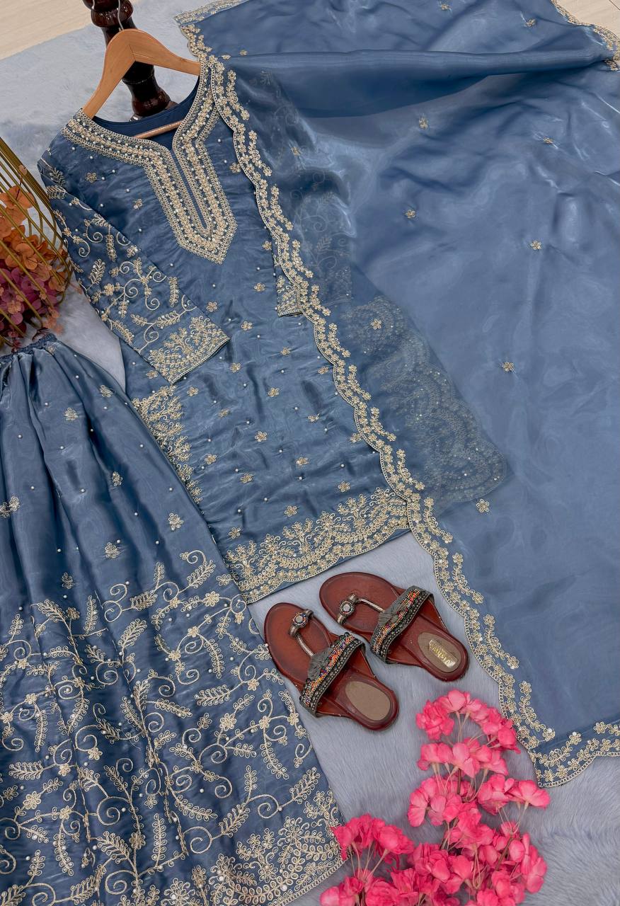 Dusty Blue Pure Organza Heavy Embroidered Kurta Palazzo Set with Sequins, Coding Dori & Moti Handwork Dupatta ClothsVilla