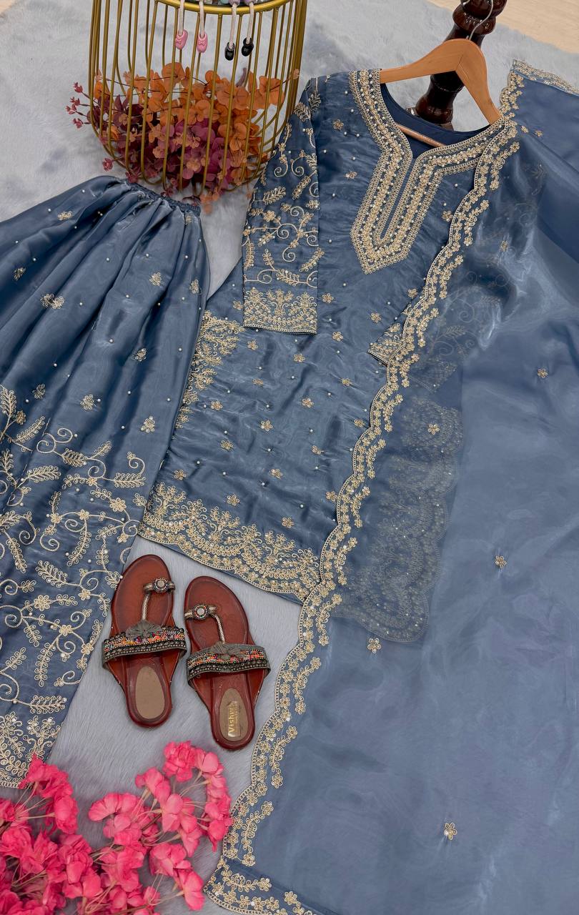 Dusty Blue Pure Organza Heavy Embroidered Kurta Palazzo Set with Sequins, Coding Dori & Moti Handwork Dupatta ClothsVilla