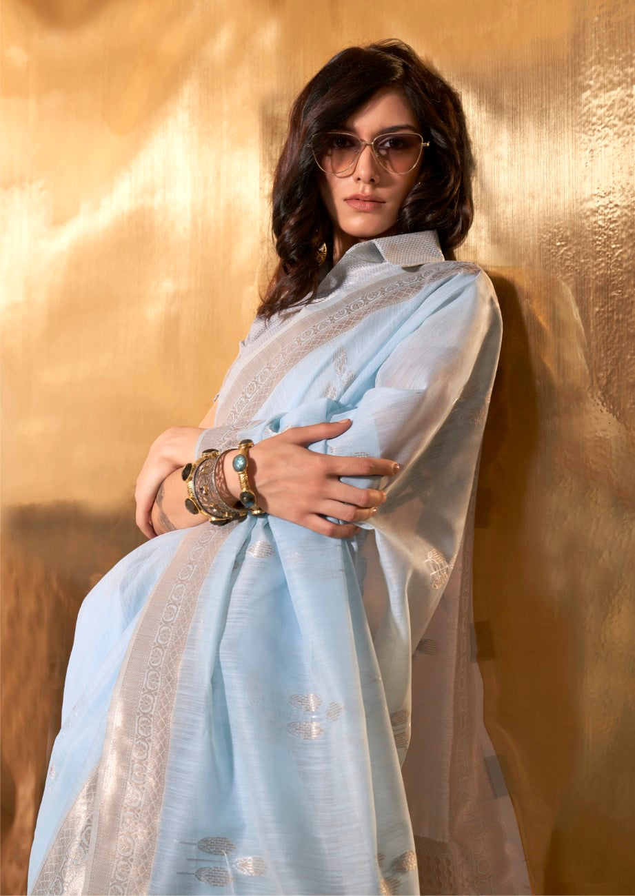 Dusty Blue Royal Banarasi Silk Saree with Contrast Border & Designer Pallu – Wedding Special ClothsVilla