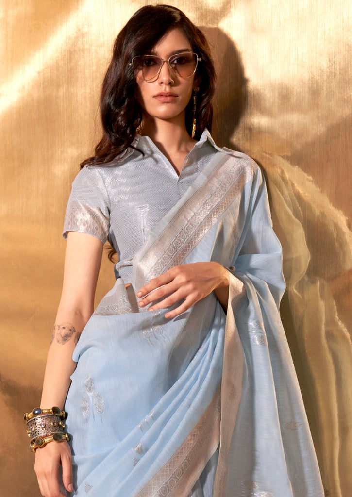 Dusty Blue Royal Banarasi Silk Saree with Contrast Border & Designer Pallu – Wedding Special ClothsVilla