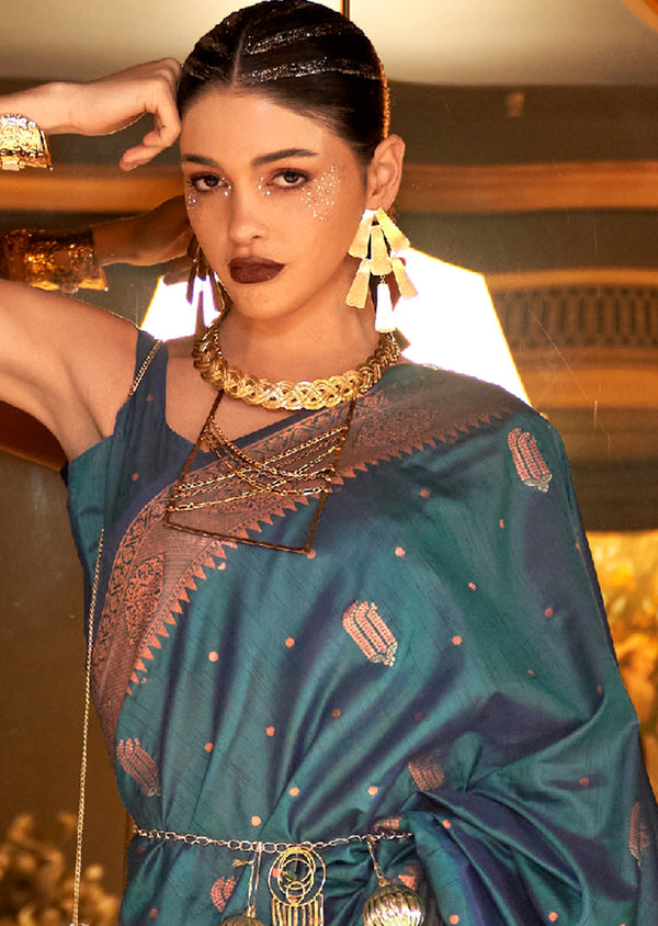 Dusty Blue Stunning Bollywood Style Tussar Silk Saree ClothsVilla