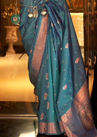 Dusty Blue Stunning Bollywood Style Tussar Silk Saree ClothsVilla