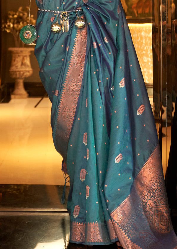 Dusty Blue Stunning Bollywood Style Tussar Silk Saree ClothsVilla