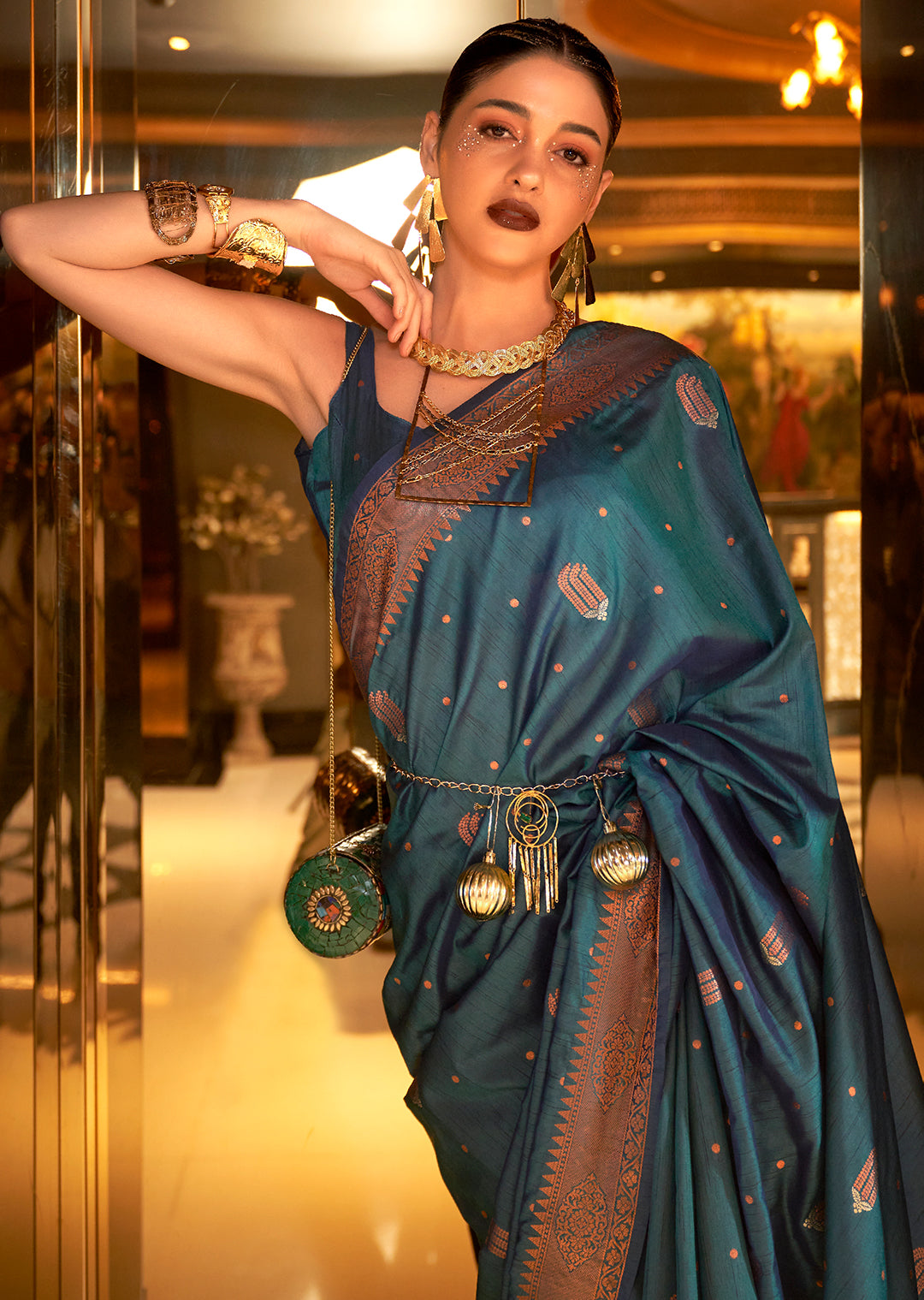 Dusty Blue Stunning Bollywood Style Tussar Silk Saree ClothsVilla