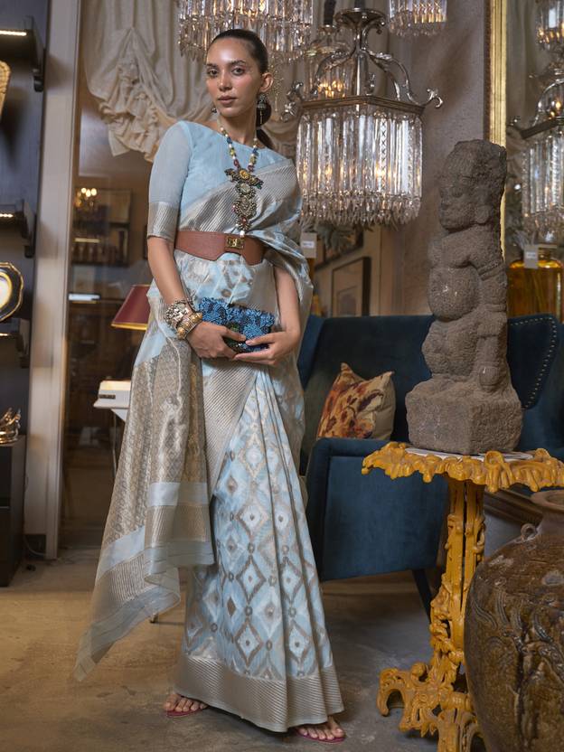 Dusty Blue Traditional Linen Banarasi Saree with Unstitched Blouse Piece ClothsVilla