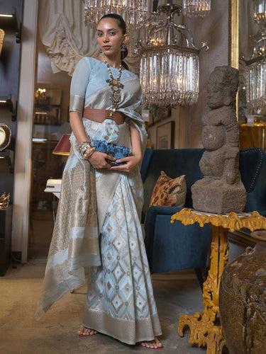 Dusty Blue Traditional Linen Banarasi Saree with Unstitched Blouse Piece ClothsVilla