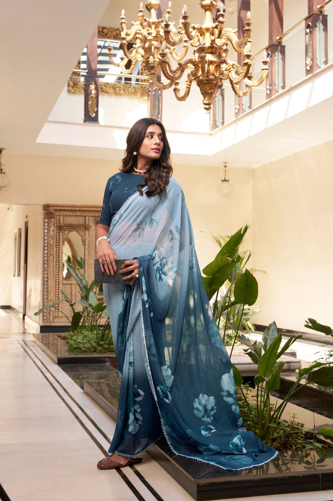 Dusty Blue Weightless Marbal Floral Printed Saree with Lace Border & Matching Blouse ClothsVilla