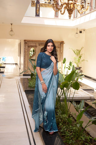 Dusty Blue Weightless Marbal Floral Printed Saree with Lace Border & Matching Blouse ClothsVilla