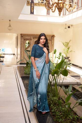 Dusty Blue Weightless Marbal Floral Printed Saree with Lace Border & Matching Blouse ClothsVilla
