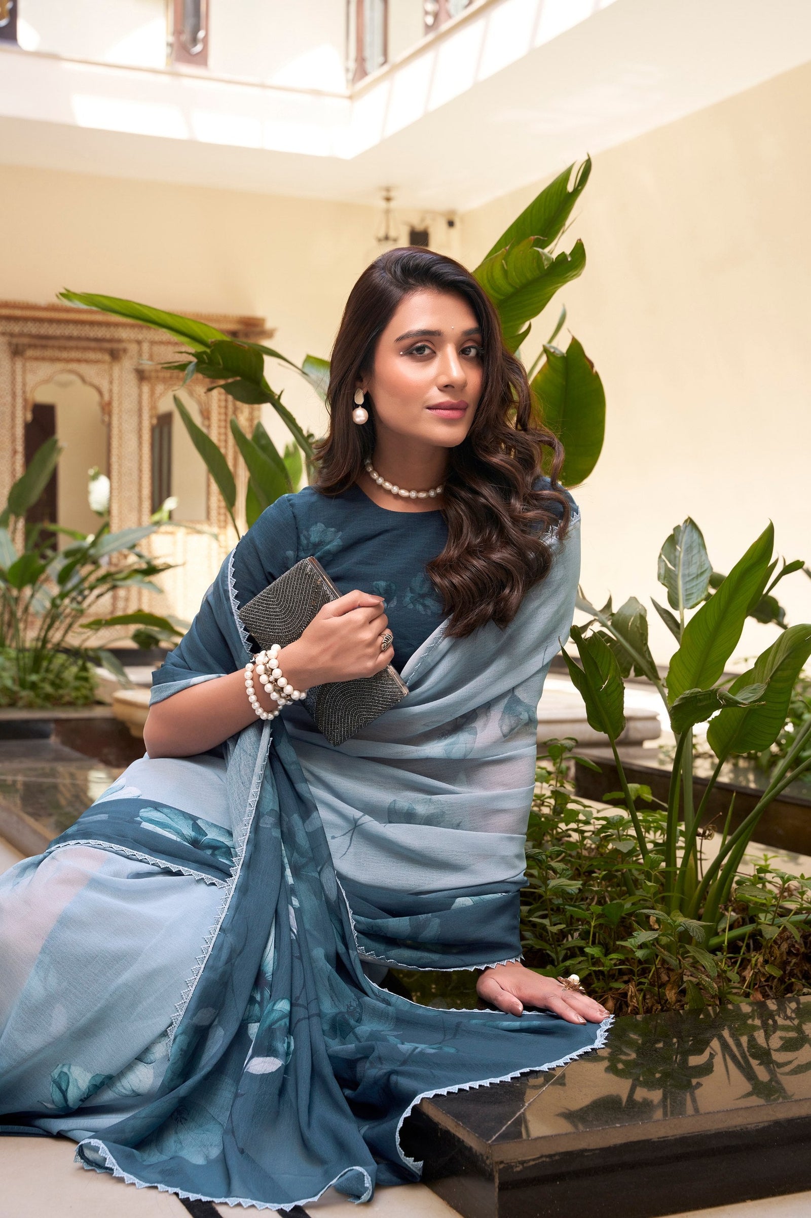 Dusty Blue Weightless Marbal Floral Printed Saree with Lace Border & Matching Blouse ClothsVilla