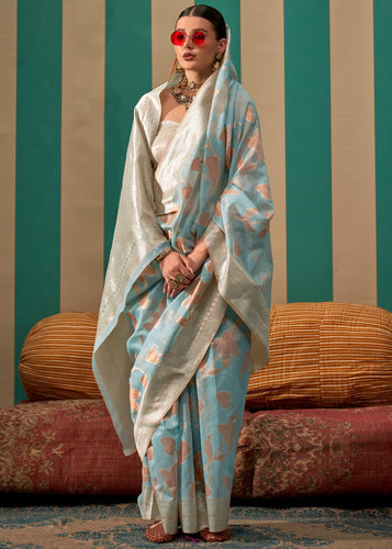 Dusty Blue Woven Cotton Silk Blend Linen Saree with Unstitched Blouse ClothsVilla