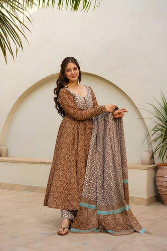 Light Brown Brown Designer Maslin Digital Print Anarkali Suit with Matching Pants & Dupatta ClothsVilla