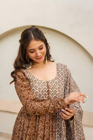 Light Brown Brown Designer Maslin Digital Print Anarkali Suit with Matching Pants & Dupatta ClothsVilla