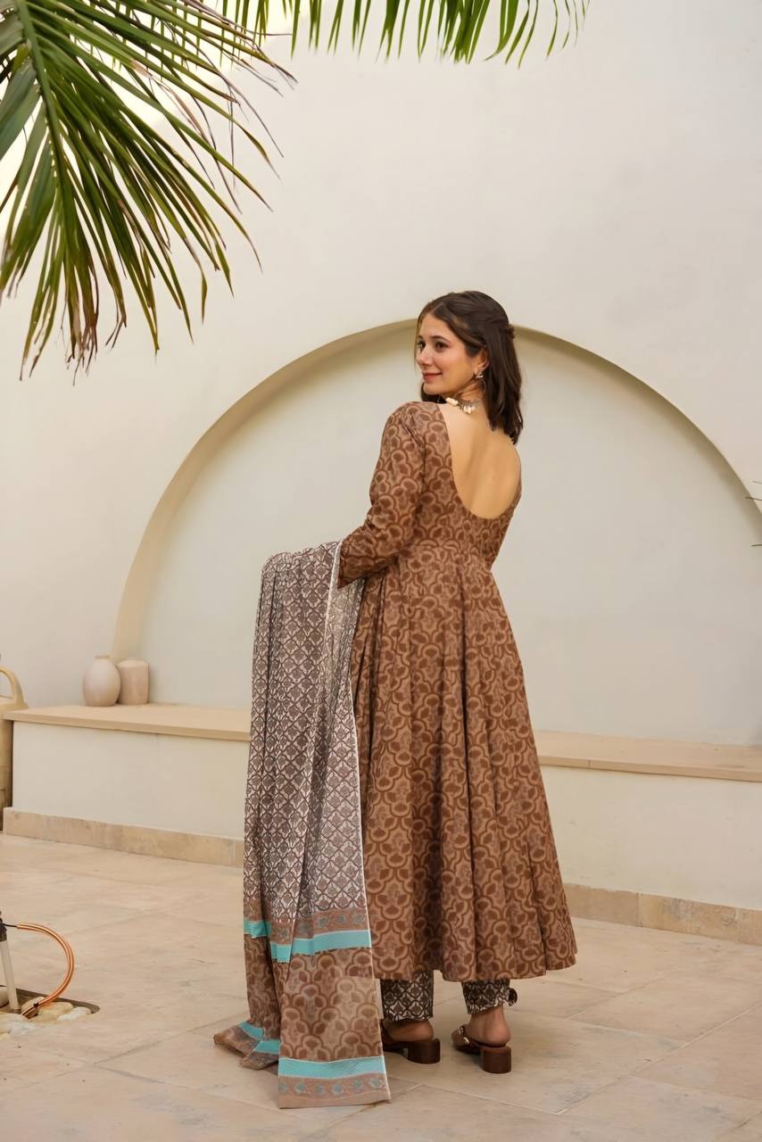 Light Brown Brown Designer Maslin Digital Print Anarkali Suit with Matching Pants & Dupatta ClothsVilla