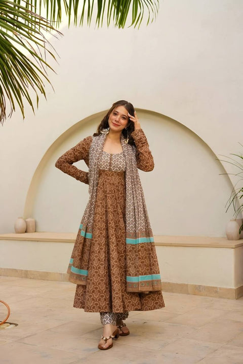Light Brown Brown Designer Maslin Digital Print Anarkali Suit with Matching Pants & Dupatta ClothsVilla Main image