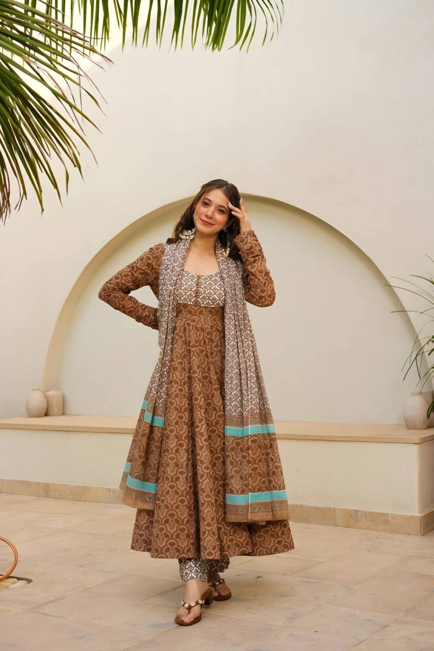 Light Brown Brown Designer Maslin Digital Print Anarkali Suit with Matching Pants & Dupatta ClothsVilla Main image