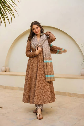 Light Brown Brown Designer Maslin Digital Print Anarkali Suit with Matching Pants & Dupatta ClothsVilla