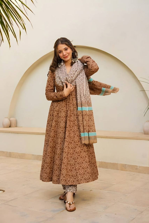 Light Brown Brown Designer Maslin Digital Print Anarkali Suit with Matching Pants & Dupatta ClothsVilla