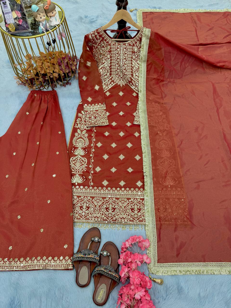 Dusty Brown Premium Designer Readymade Top & Palazzo Party Wear Collection Main image