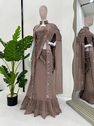 Dusty Brown Ready-to-Wear Lehenga Saree – Effortless Elegance ClothsVilla