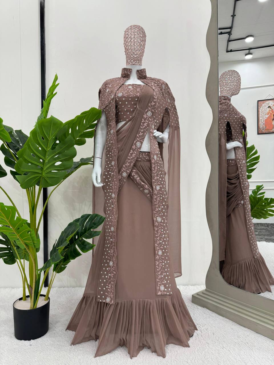 Dusty Brown Ready-to-Wear Lehenga Saree – Effortless Elegance ClothsVilla
