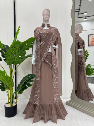 Dusty Brown Ready-to-Wear Lehenga Saree – Effortless Elegance ClothsVilla