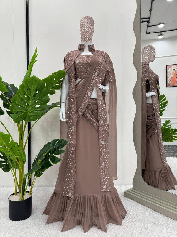 Dusty Brown Ready-to-Wear Lehenga Saree – Effortless Elegance ClothsVilla