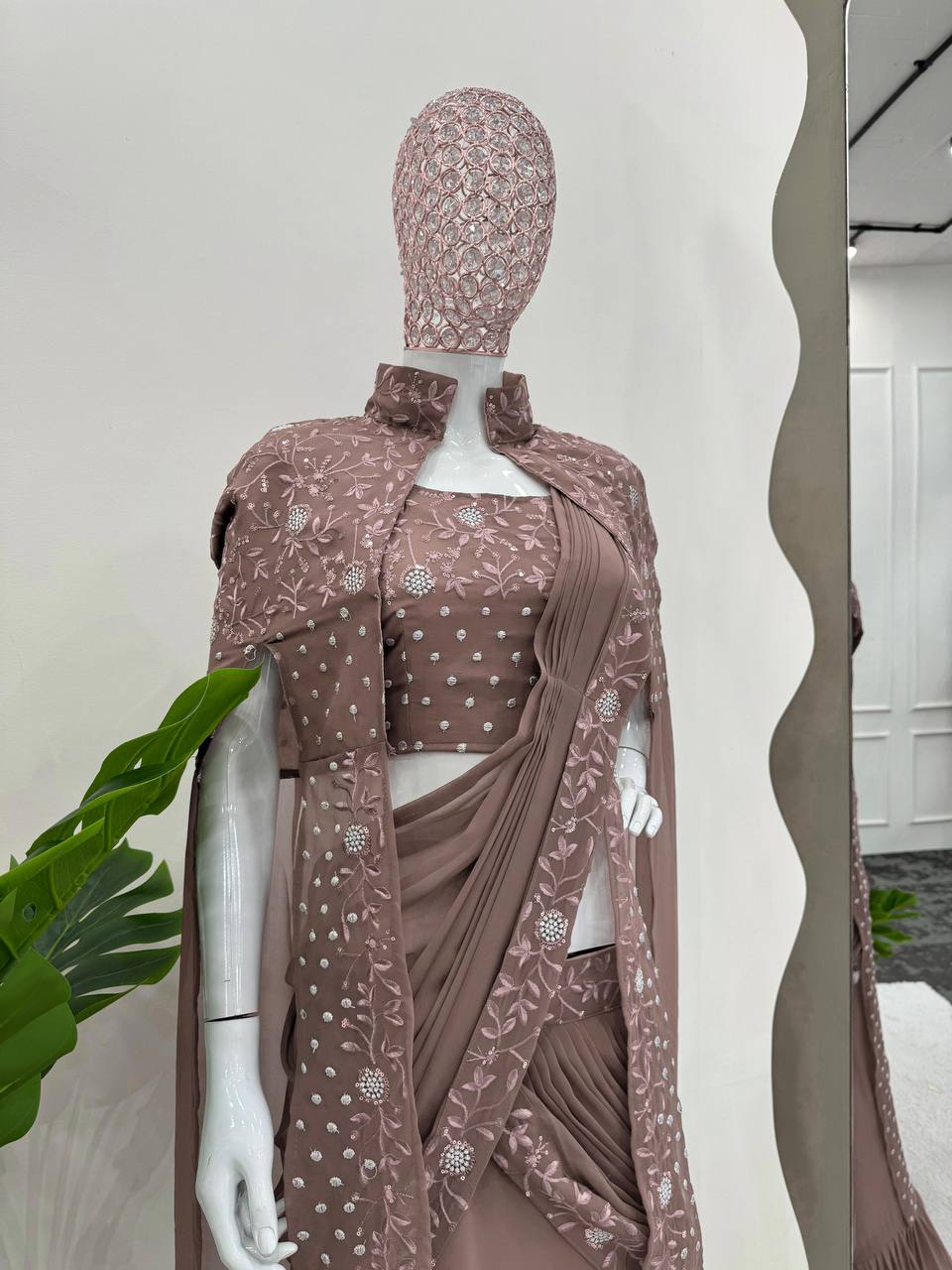 Dusty Brown Ready-to-Wear Lehenga Saree – Effortless Elegance ClothsVilla