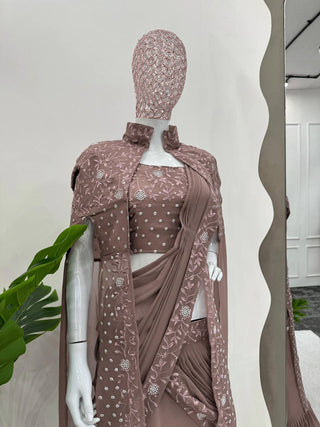 Dusty Brown Ready-to-Wear Lehenga Saree – Effortless Elegance ClothsVilla