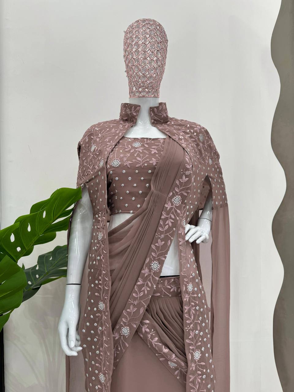 Dusty Brown Ready-to-Wear Lehenga Saree – Effortless Elegance ClothsVilla