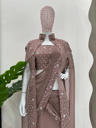 Dusty Brown Ready-to-Wear Lehenga Saree – Effortless Elegance ClothsVilla