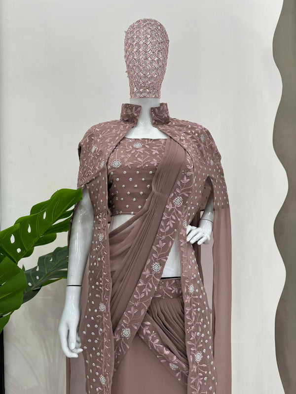 Dusty Brown Ready-to-Wear Lehenga Saree – Effortless Elegance ClothsVilla