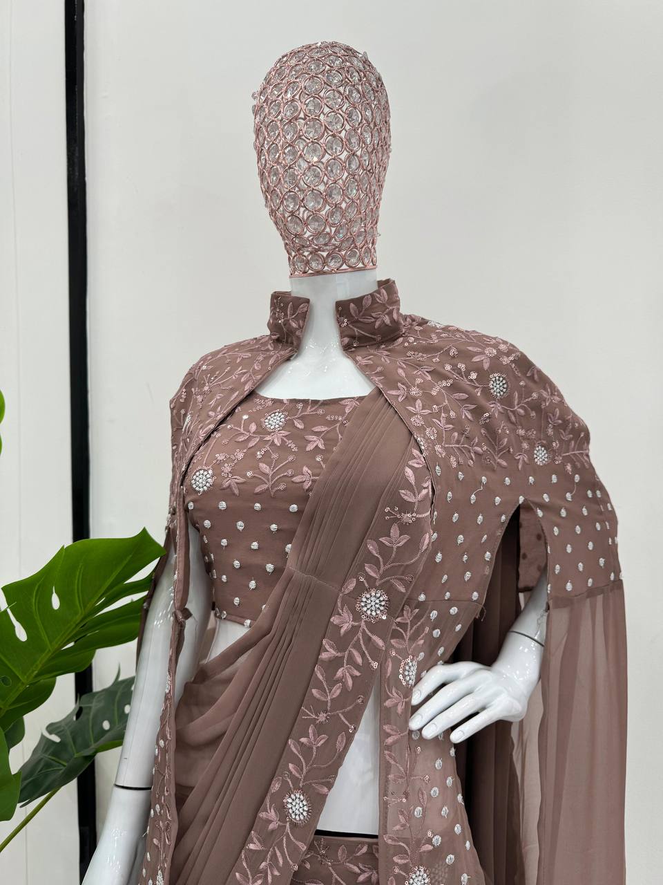 Dusty Brown Ready-to-Wear Lehenga Saree – Effortless Elegance ClothsVilla