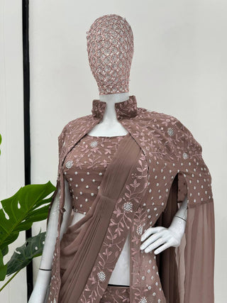 Dusty Brown Ready-to-Wear Lehenga Saree – Effortless Elegance ClothsVilla