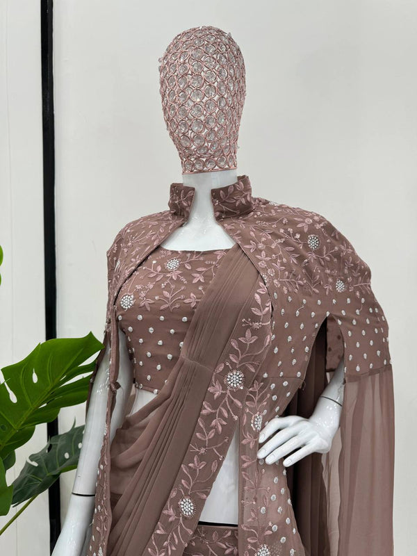 Dusty Brown Ready-to-Wear Lehenga Saree – Effortless Elegance ClothsVilla