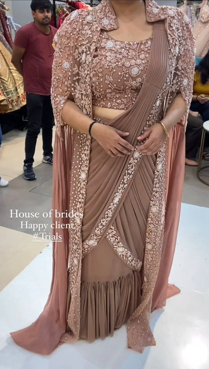 Dusty Brown Ready-to-Wear Lehenga Saree – Effortless Elegance ClothsVilla