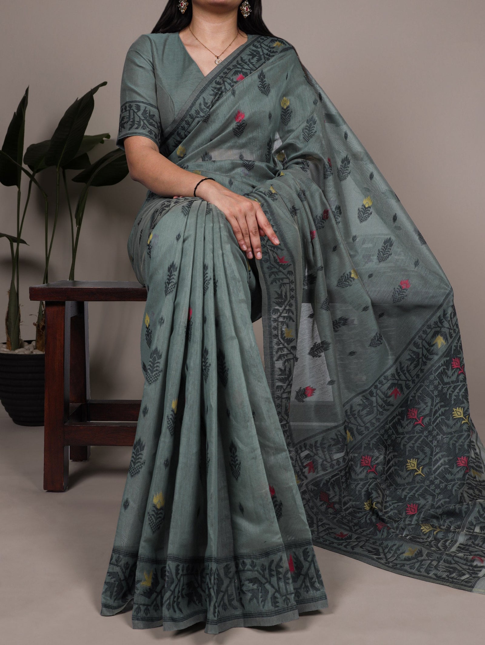 Dusty Fair Green Elegant Poly Cotton Thread-Weaving Saree with Matching Unstitched Blouse – Lightweight Traditional Daily & Festive Wear ClothsVilla