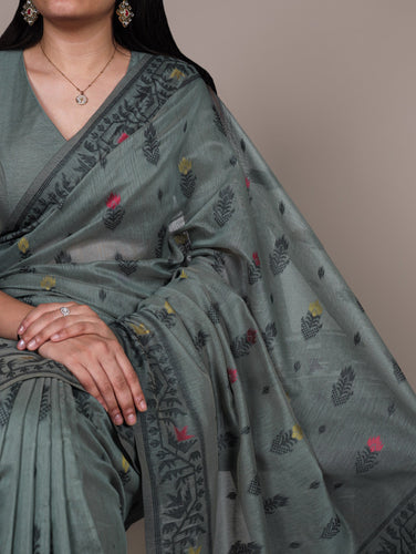 Dusty Fair Green Elegant Poly Cotton Thread-Weaving Saree with Matching Unstitched Blouse – Lightweight Traditional Daily & Festive Wear ClothsVilla
