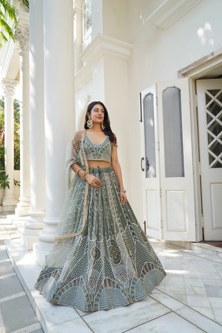 Dusty Green Butterfly Net Lehenga with White Thread and Sequin Embroidery