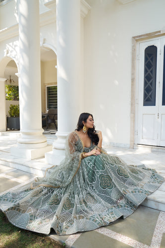 Dusty Green Butterfly Net Lehenga with White Thread and Sequin Embroidery