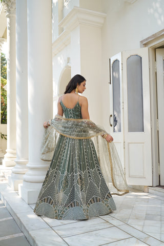 Dusty Green Butterfly Net Lehenga with White Thread and Sequin Embroidery