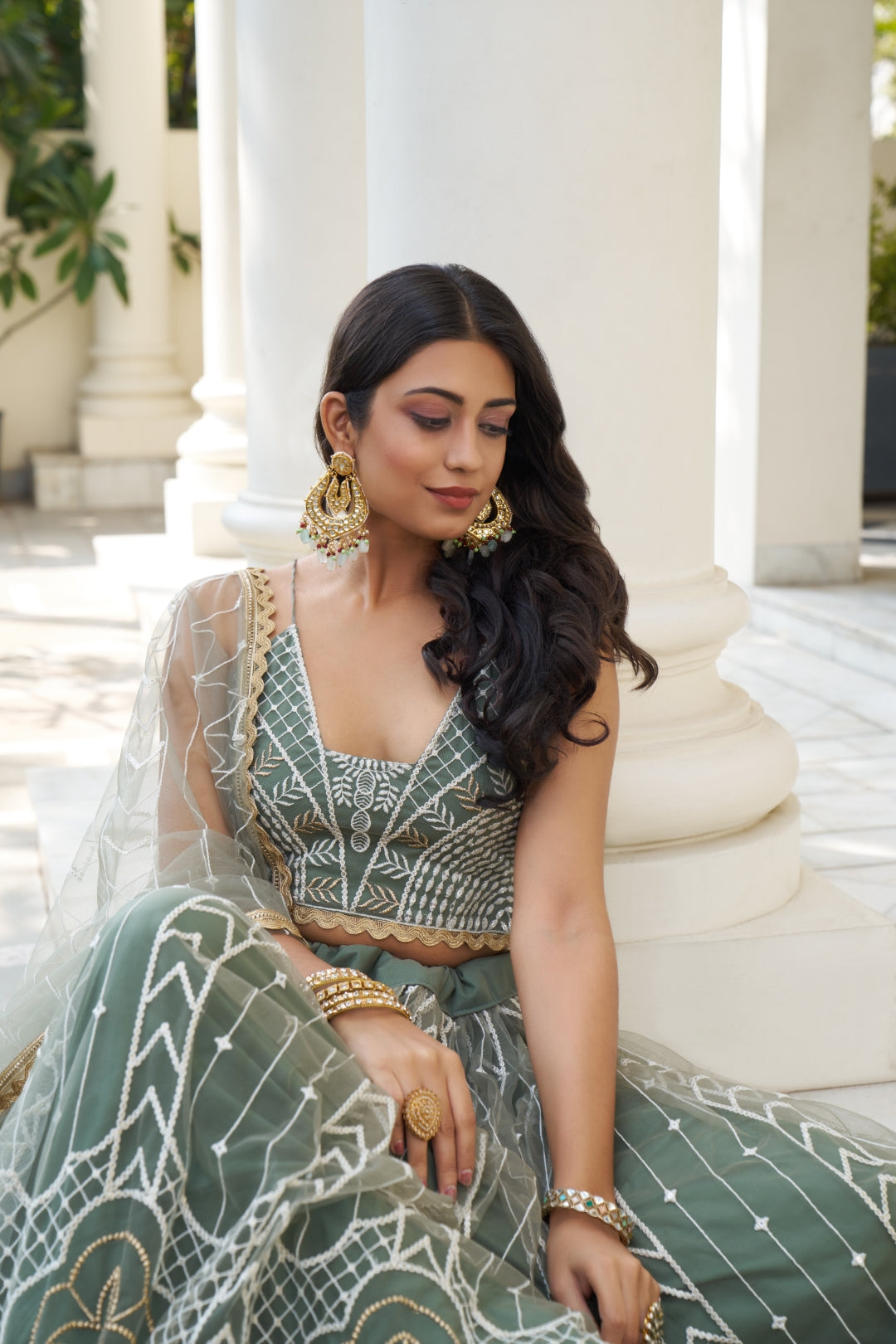 Dusty Green Butterfly Net Lehenga with White Thread and Sequin Embroidery
