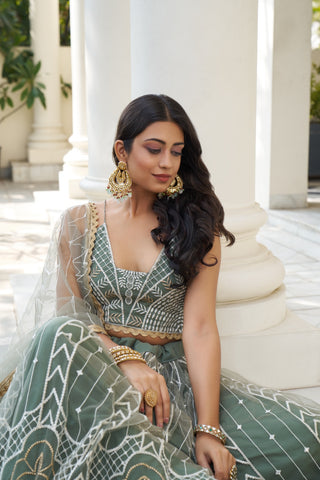 Dusty Green Butterfly Net Lehenga with White Thread and Sequin Embroidery