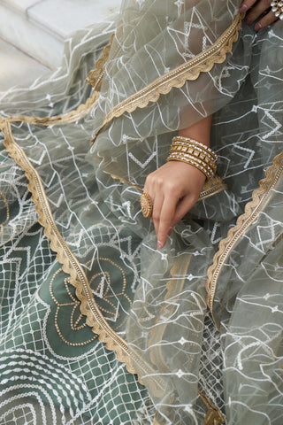 Dusty Green Butterfly Net Lehenga with White Thread and Sequin Embroidery