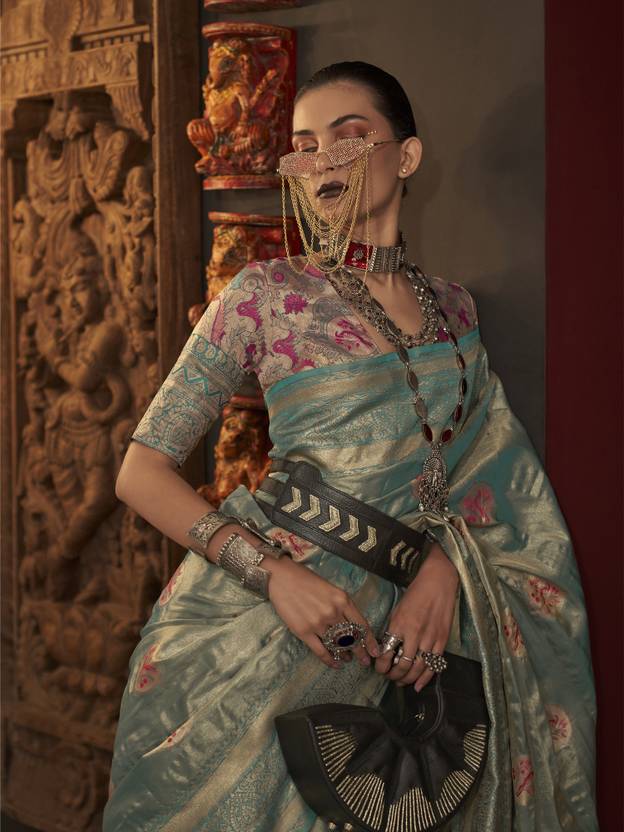Dusty Green Elegant Banarasi Silk Blend Saree with Woven Design & Tassel Detailing ClothsVilla