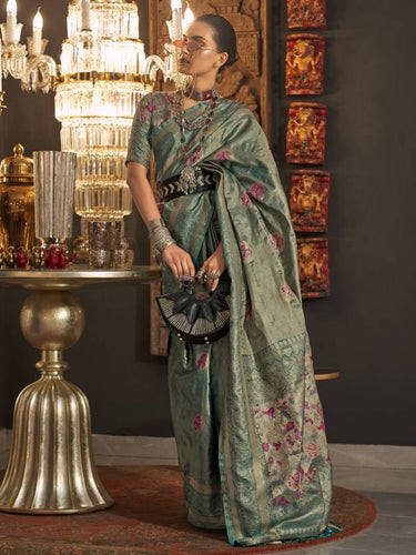 Dusty Green Elegant Banarasi Silk Blend Saree with Woven Design & Tassel Detailing ClothsVilla